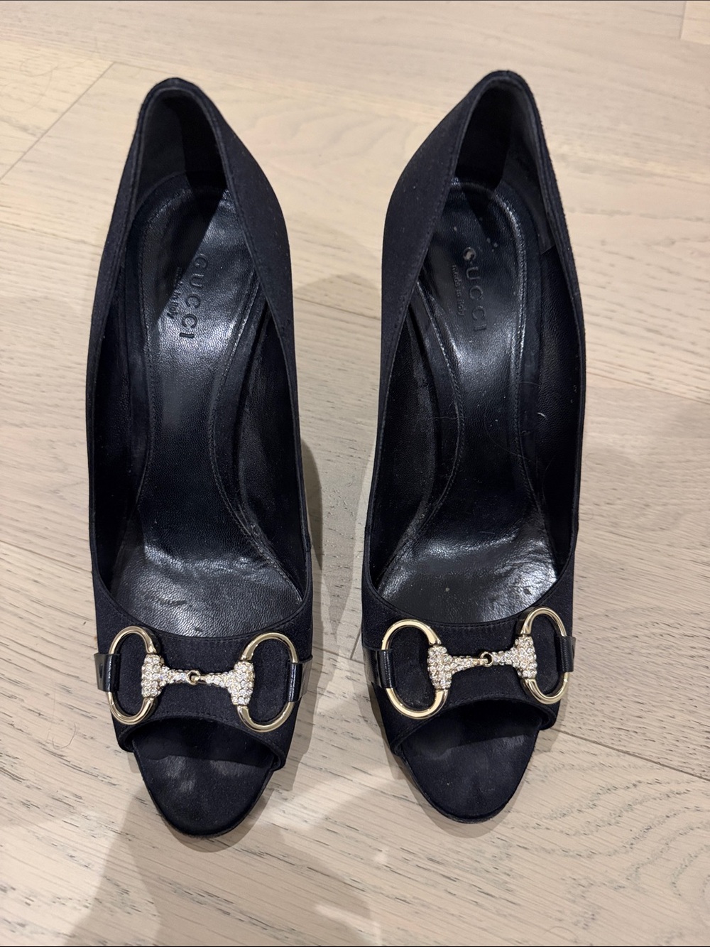 Gucci Black Satin Crystal Horsebit Peep-Toe Heels